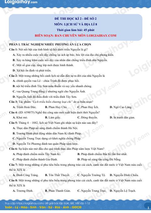 Đề thi học kì 2 Lịch sử và Địa lí 8 - Đề số 2